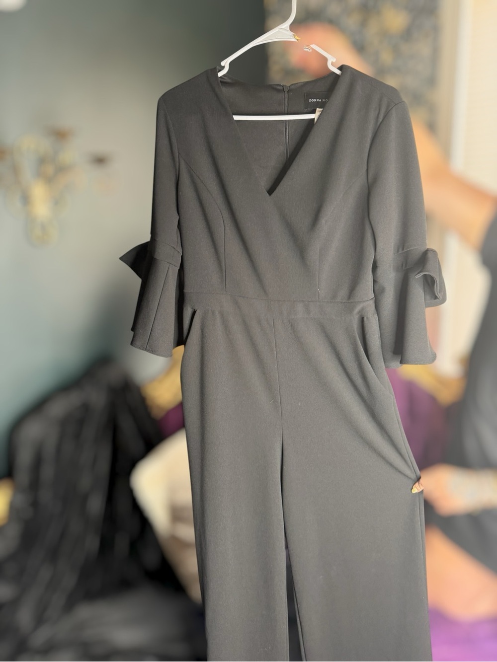 Donna Morgan Black V-Neck Wide-Leg Jumpsuit with Tie Sleeve Detail